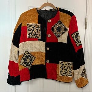 Vintage Alex Kim Artsy Colorblock Patchwork Chenille Button Front Jacket